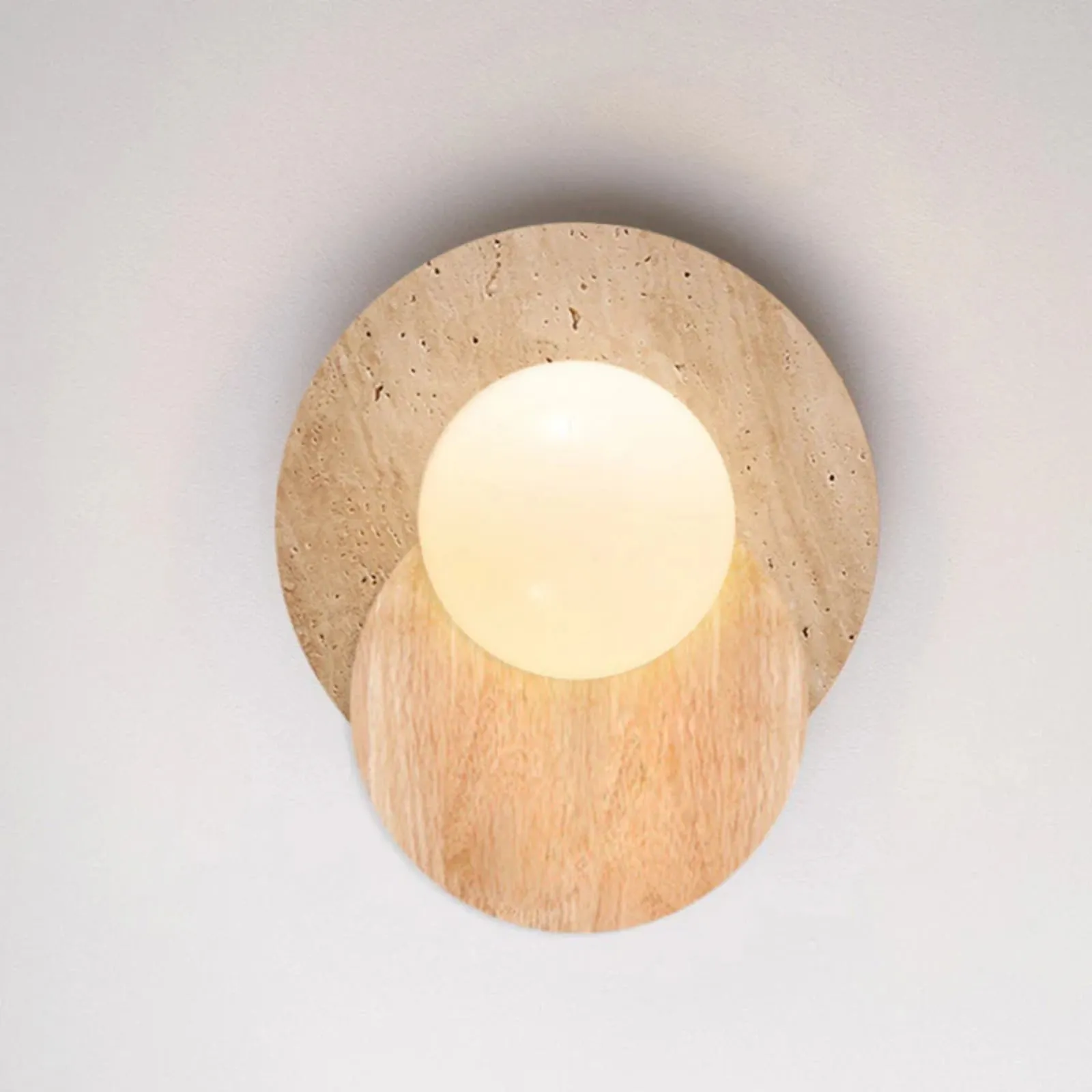Contemporary Disc Travertine And Wood Dual Tone Wall Sconce S322