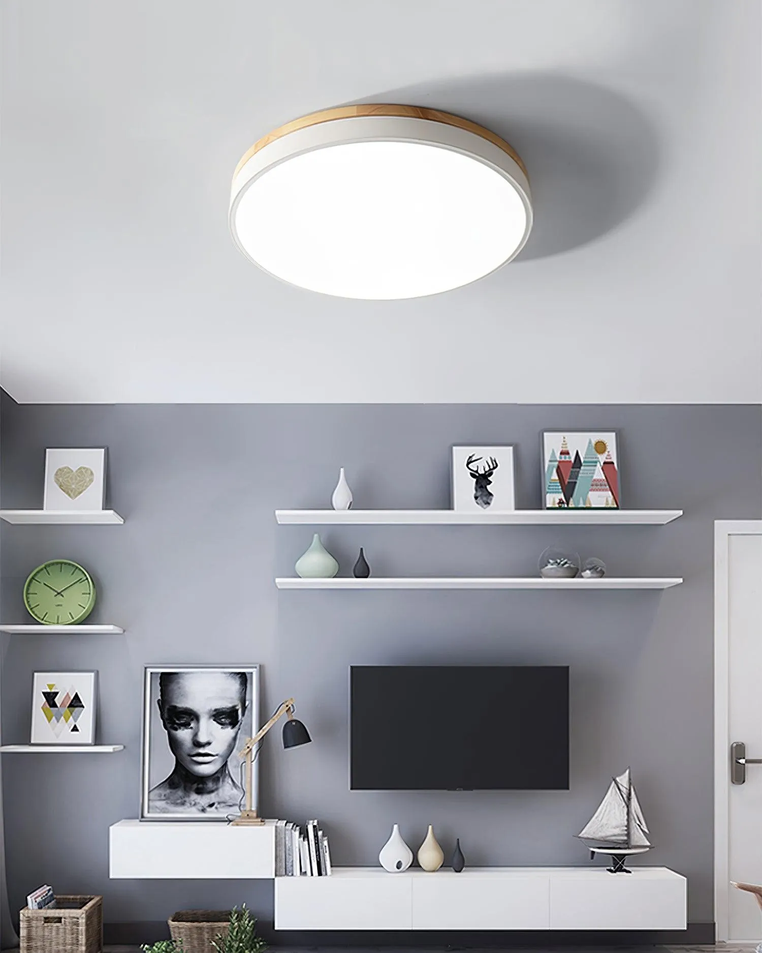 White Round Wooden Ceiling Lamp M197