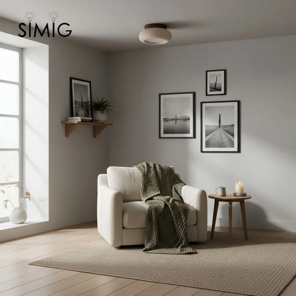 Minimal Bowl Ceiling Fixture in Stone Look - Wood Tone Base Light S299