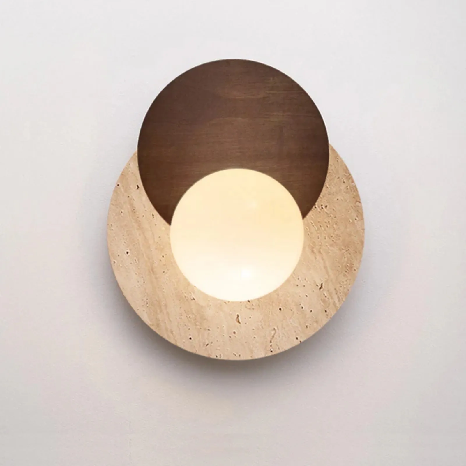 Contemporary Disc Travertine And Wood Dual Tone Wall Sconce S322
