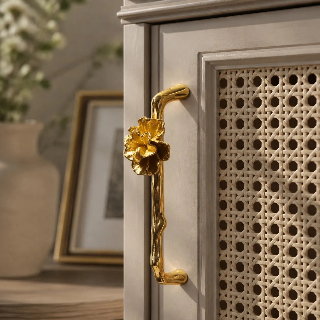 Decorative brass cabinet handle in a refined interior