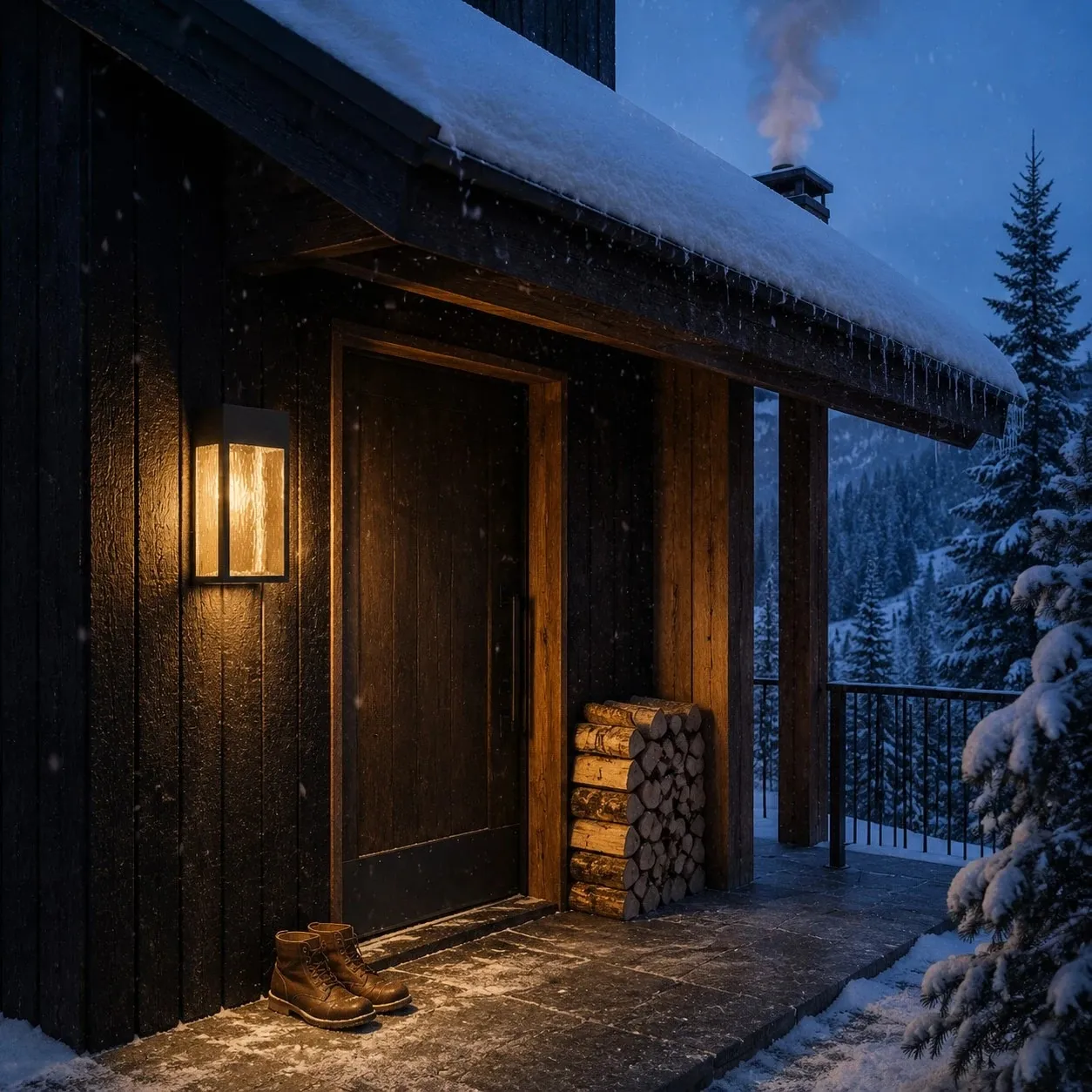 Covered porch night scene