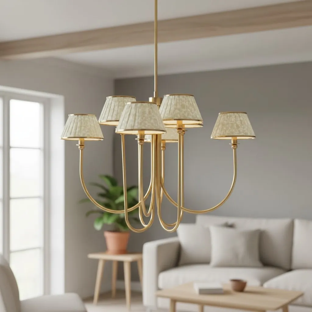 Ruchee Chandelier - Layered Fabric Shade Brass Ceiling Light for Dining or Living Spaces T710