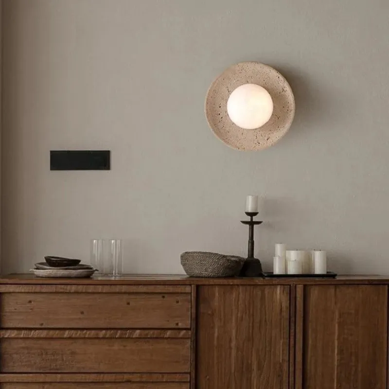 Wabi-Sabi Travertine Wall Light with Glowing Glass Globe S291