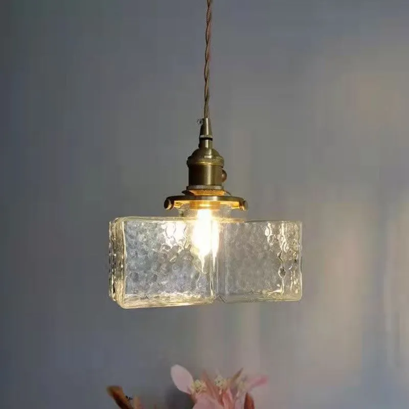 Traditional Vintage Square Rectangle Ripple Glass Iron 1-Light Pendant Light For Living Room T262