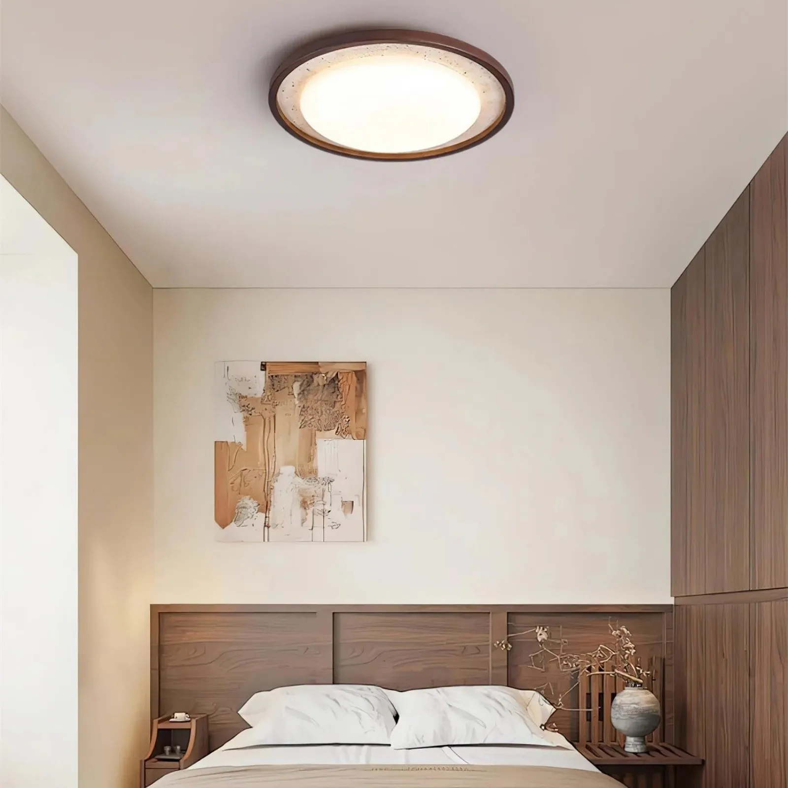 Modern Travertine Disk Flush Ceiling Light With Wood Trim S303