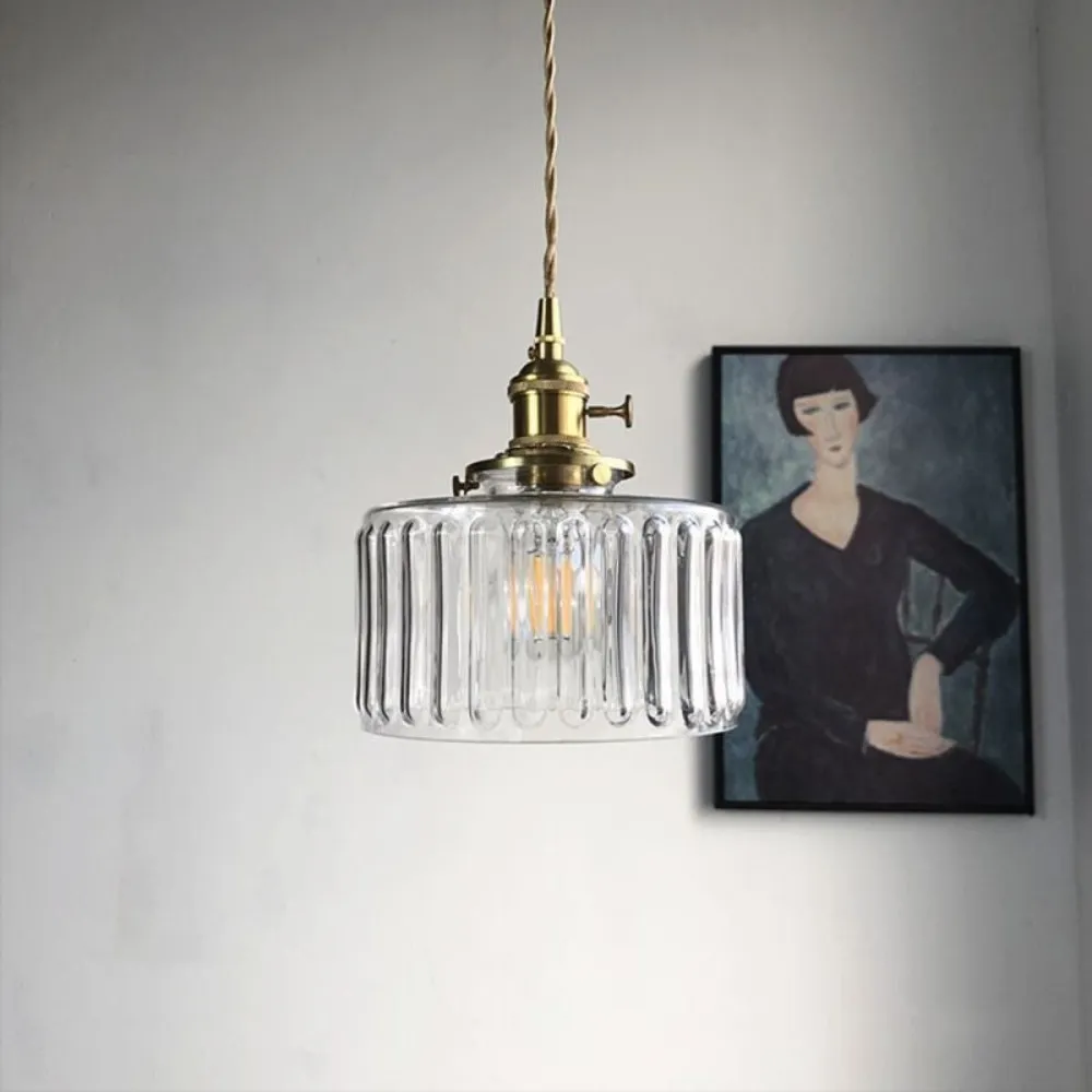 Vintage Cylinder Ribbed Glass Pendant Light S136