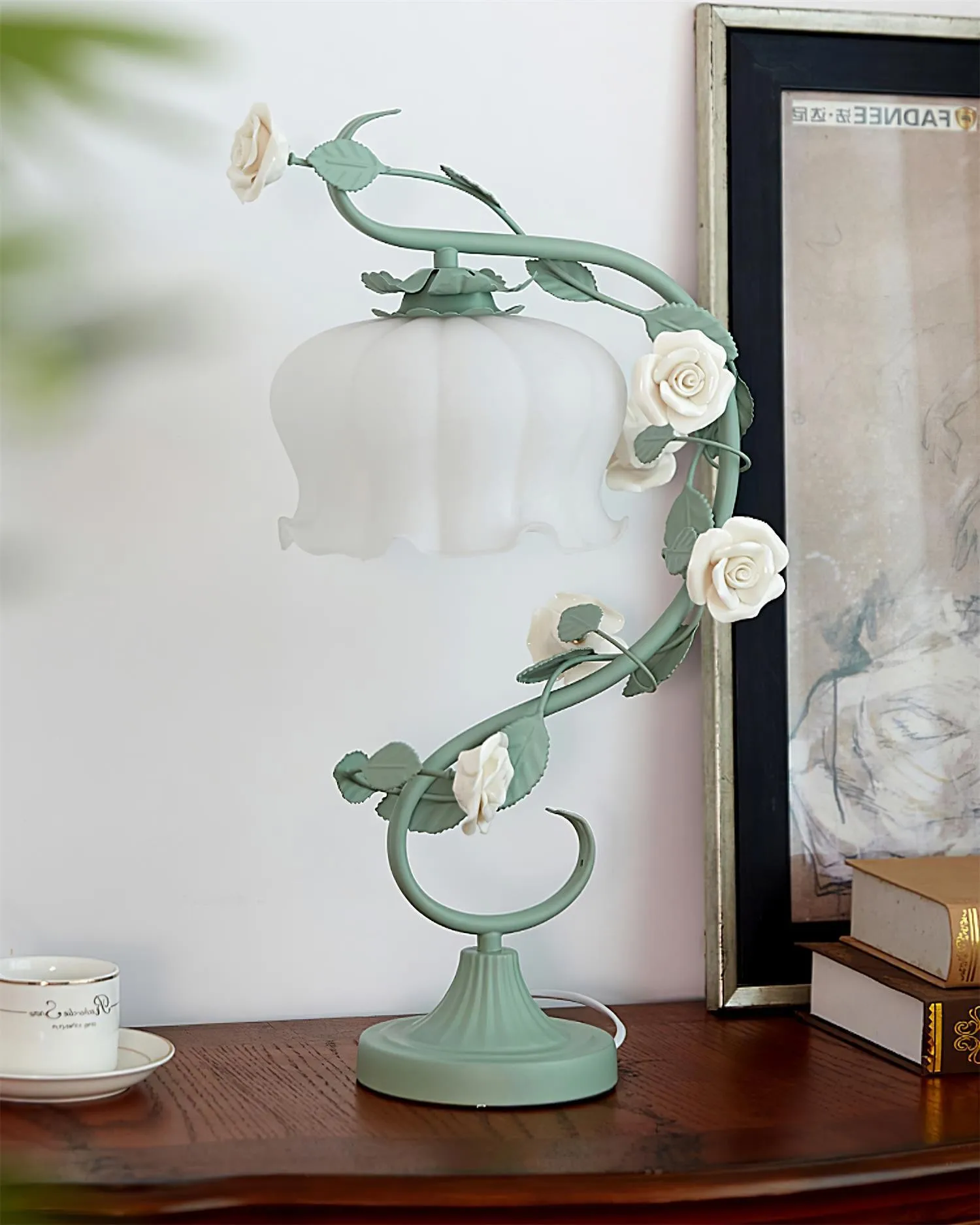 Green Pink White Rose Flower Table Lamp M107