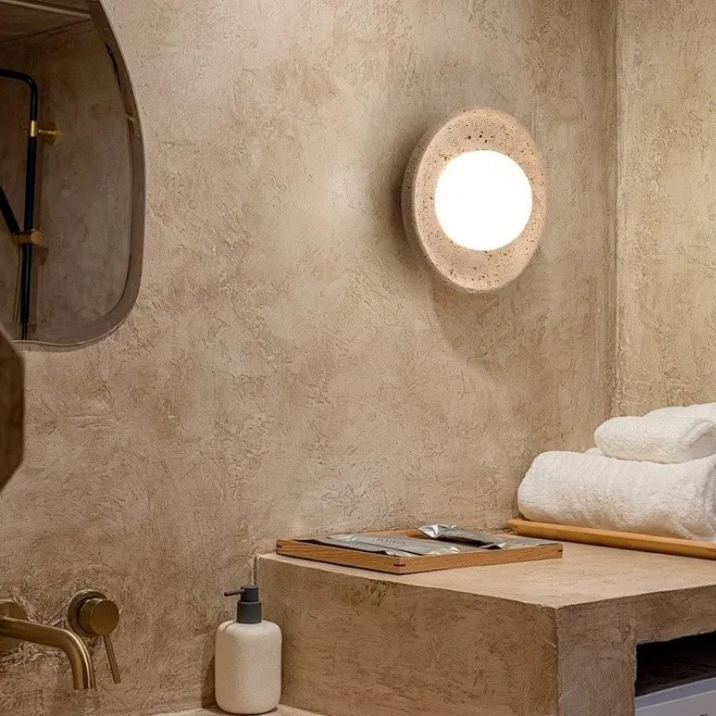 Wabi-Sabi Travertine Wall Light with Glowing Glass Globe S291
