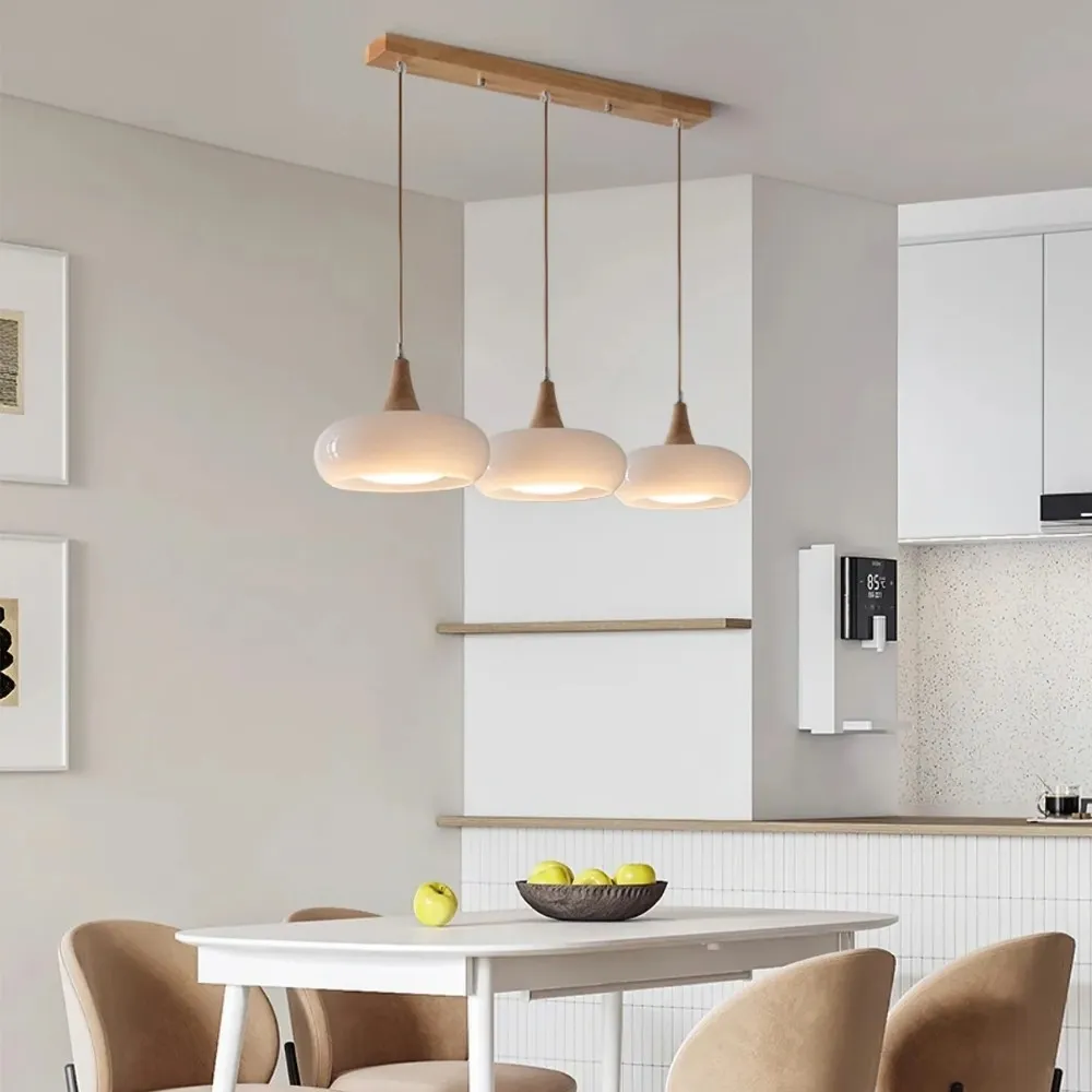 Graceful Glass Pendant Lamp with Sculptural Wooden Detail S248