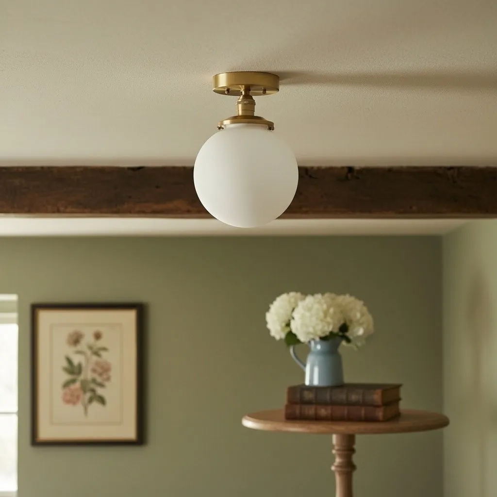 Glorica Glass Mid Century Semi Flush Ceiling Light - Whte Opal Gliass Globe Fixture T368