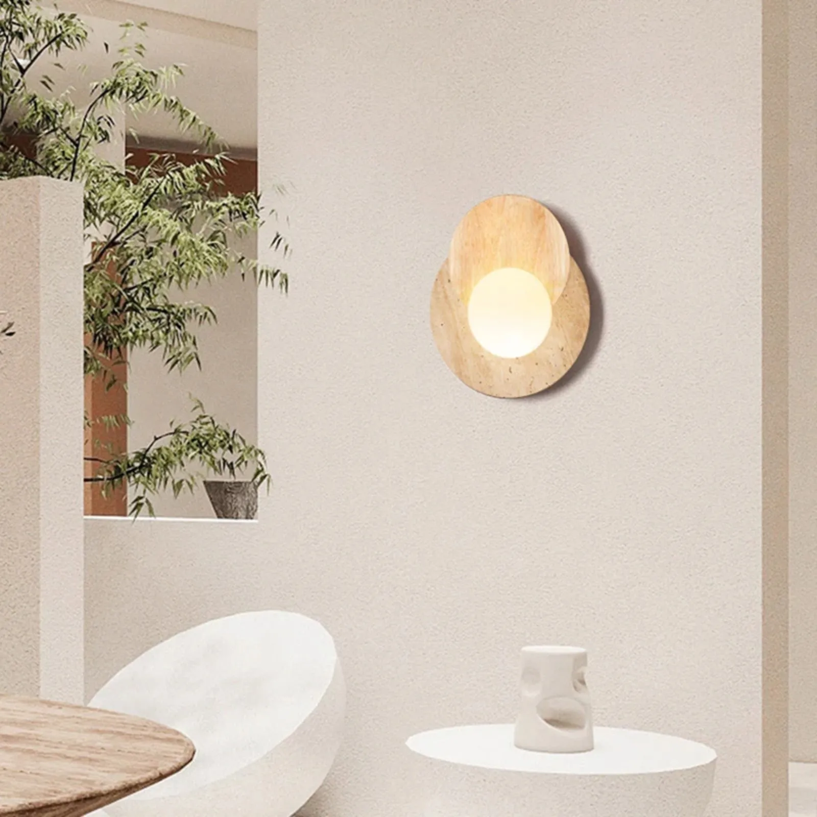 Contemporary Disc Travertine And Wood Dual Tone Wall Sconce S322