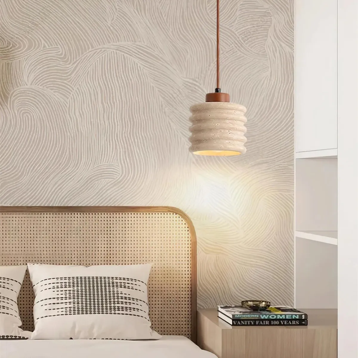 Textured Travertine Hanging Light - Minimalist Bedroom Pendant S265