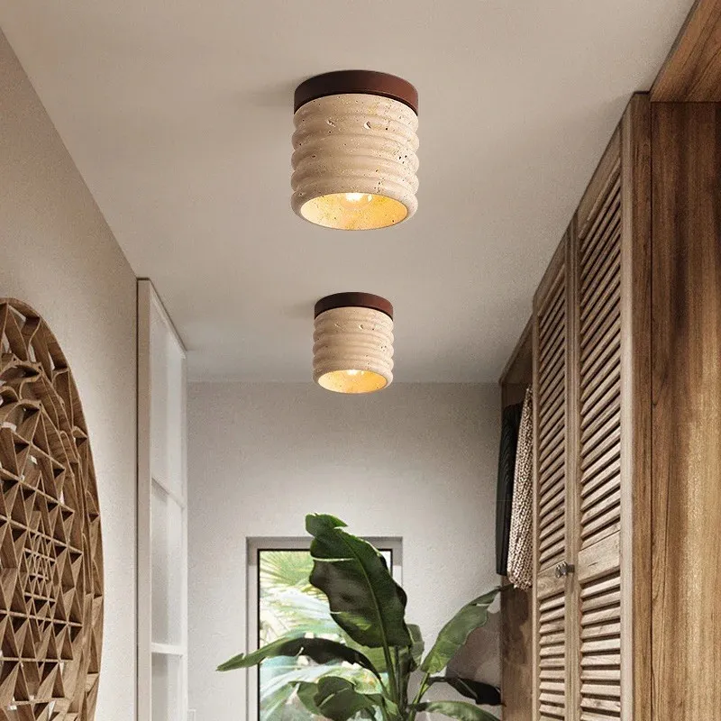 Medieval Wabi-Sabi Travertine Light – Cylinder Ceiling Lamp S293