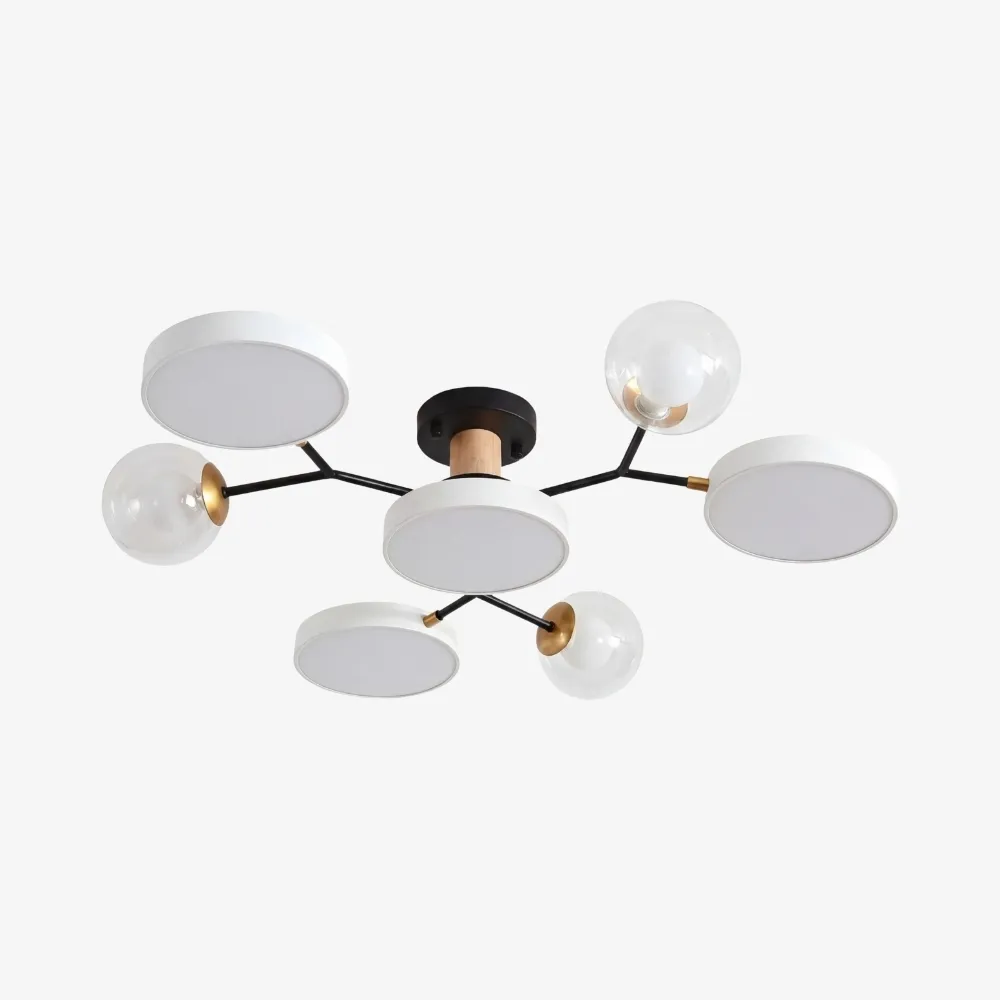 モダンな丸型LEDシーリングランプ - 枝のデザインと木製アクセント付き
