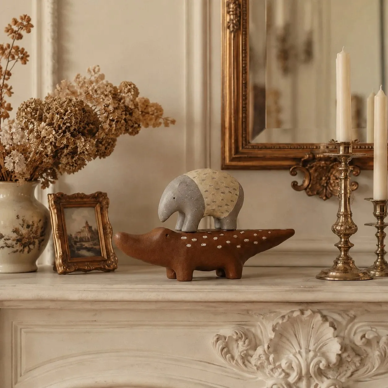 Animal resin decor styled with books and shelf objects
