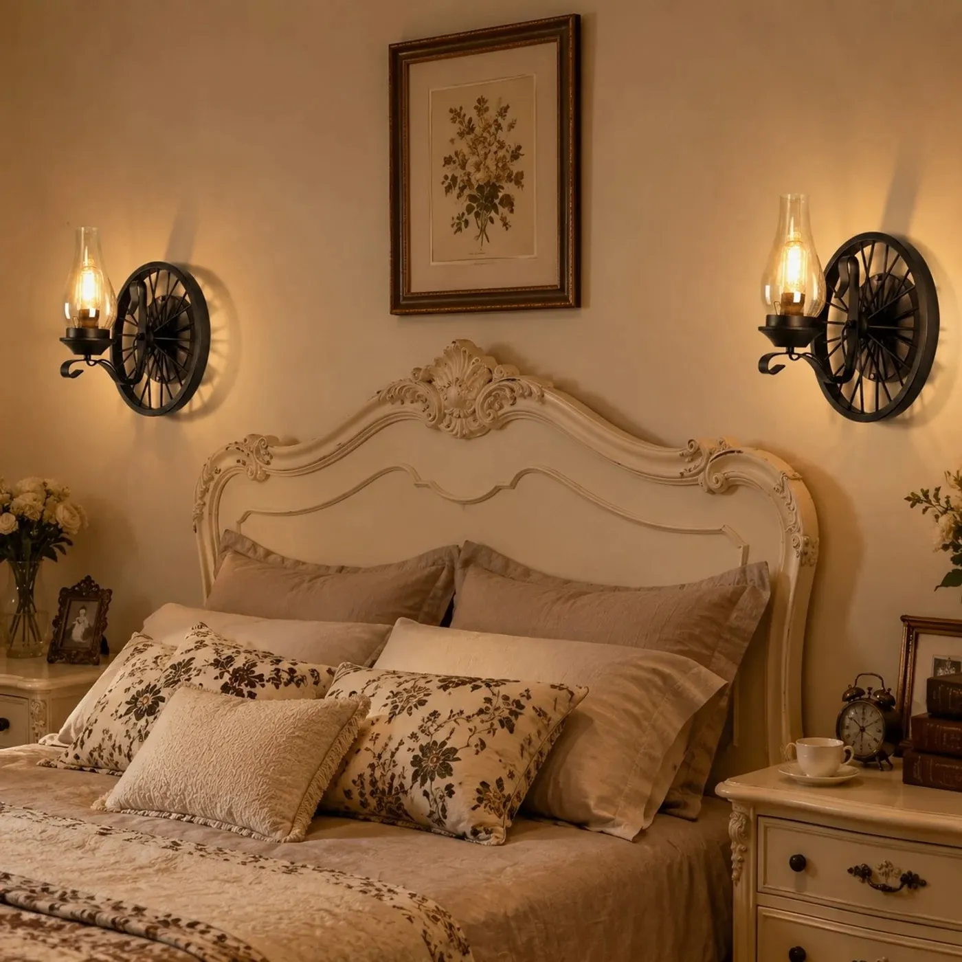 Pair of black wagon wheel wall sconces beside a classic bedroom headboard
