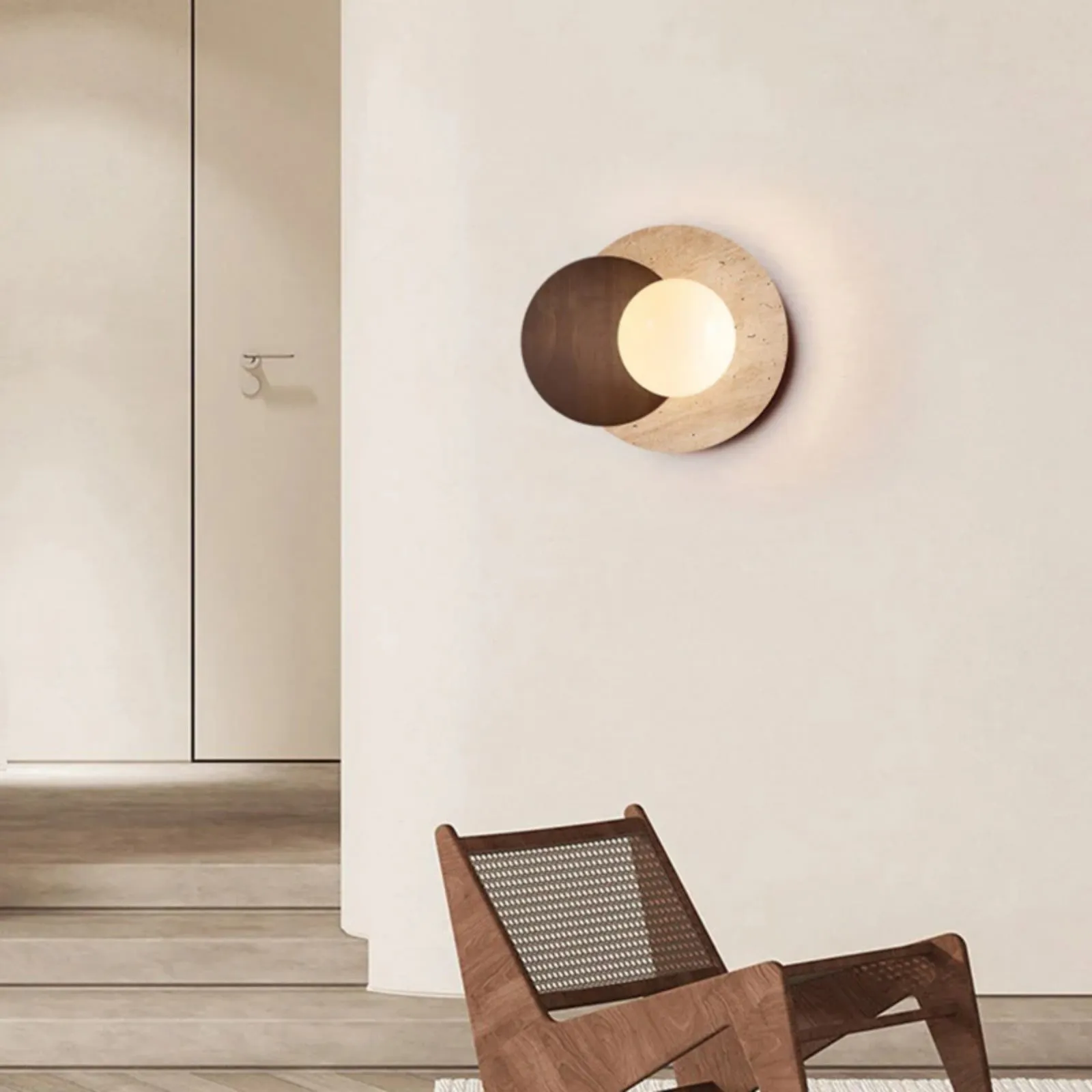 Contemporary Disc Travertine And Wood Dual Tone Wall Sconce S322