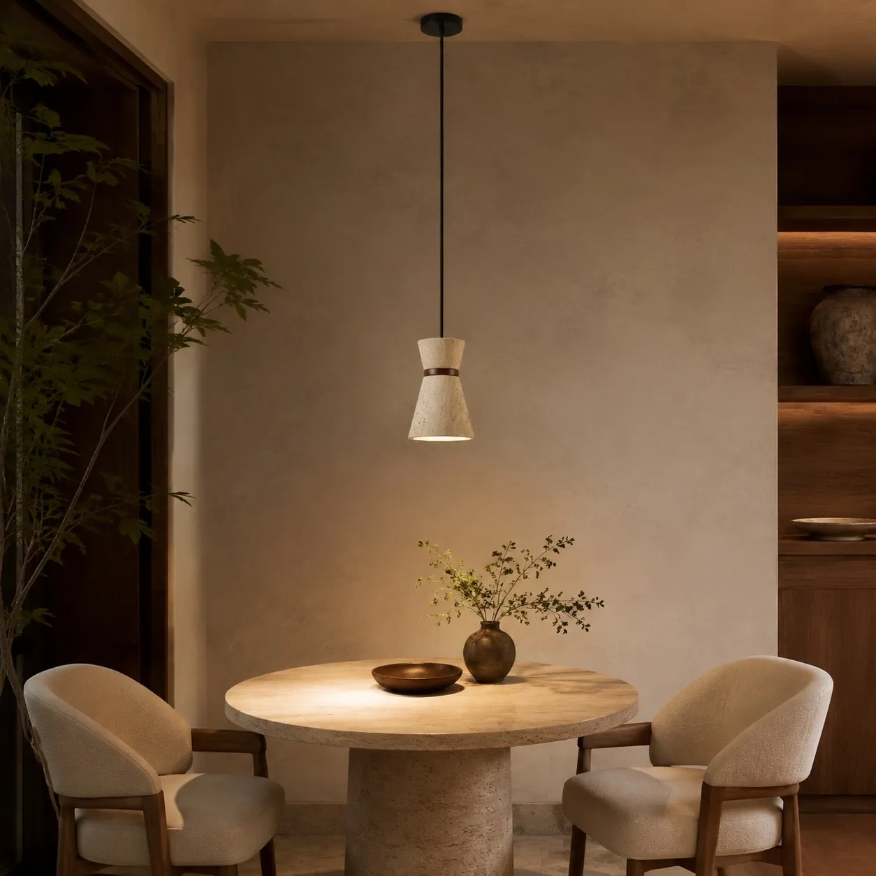 Single travertine pendant light above a round dining table