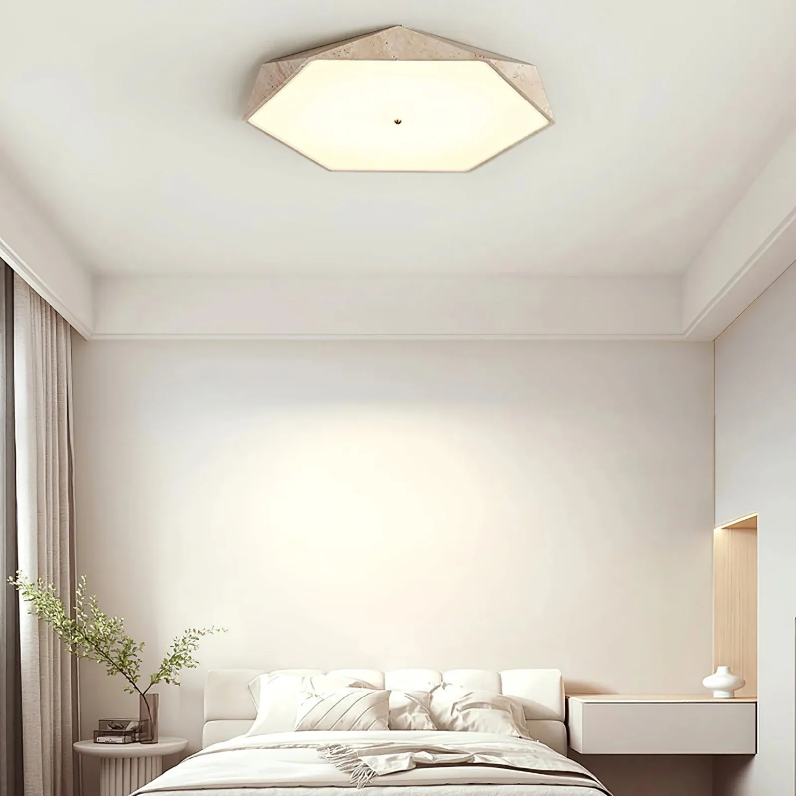 Contemporary Hexagon Ceiling Light In Travertine And Glass S295