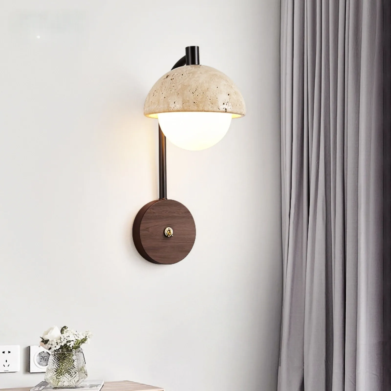 Rustic Travertine Wall Lamp With Curved Metal Arm And Wood Mount S313