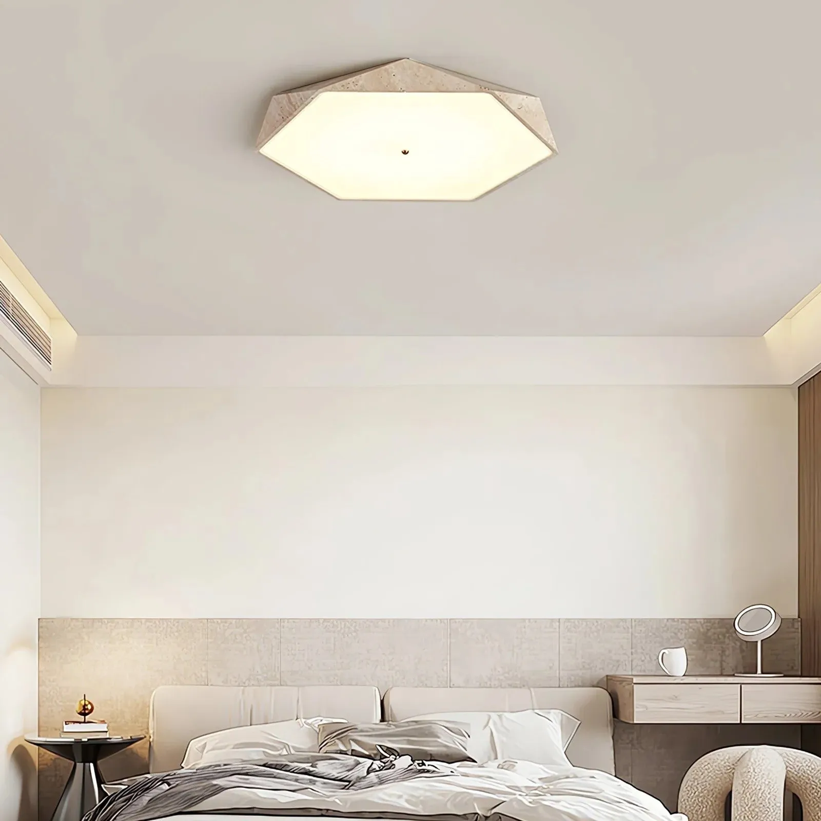Contemporary Hexagon Ceiling Light In Travertine And Glass S295
