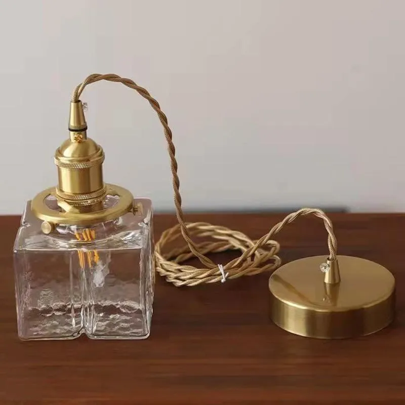 Traditional Vintage Square Rectangle Ripple Glass Iron 1-Light Pendant Light For Living Room T262