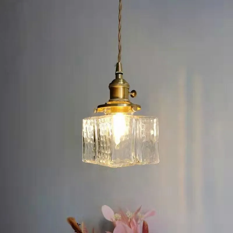 Traditional Vintage Square Rectangle Ripple Glass Iron 1-Light Pendant Light For Living Room T262