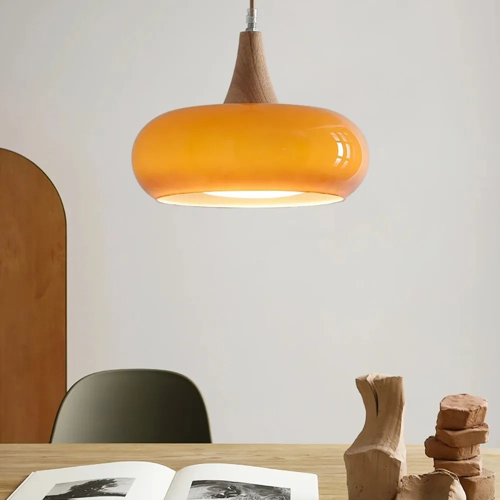 Graceful Glass Pendant Lamp with Sculptural Wooden Detail S248