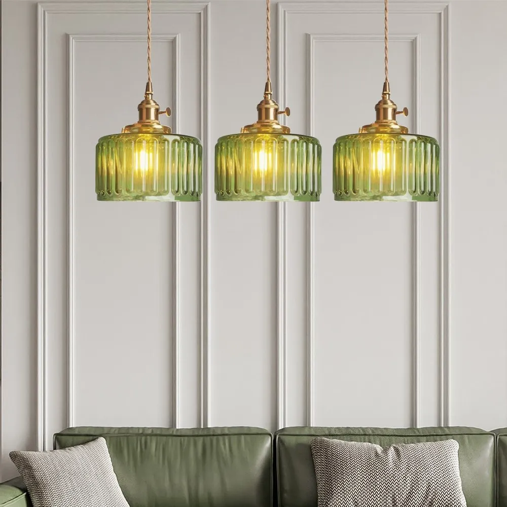 Vintage Cylinder Ribbed Glass Pendant Light S136