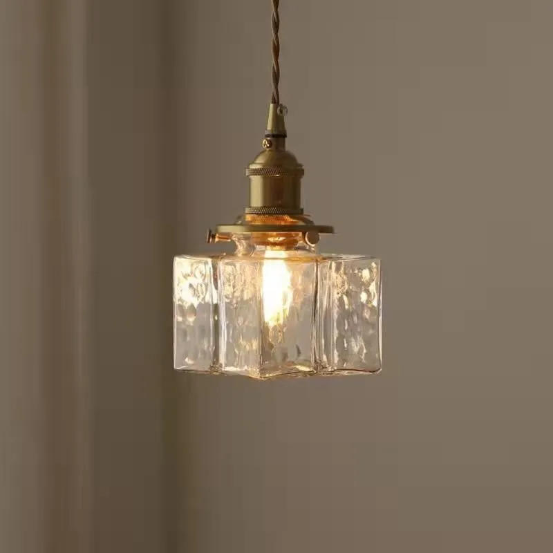 Traditional Vintage Square Rectangle Ripple Glass Iron 1-Light Pendant Light For Living Room T262