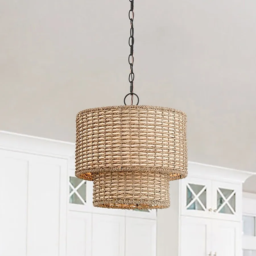 Natural Rattan Double Drum Pendant Light With Black Canopy G02