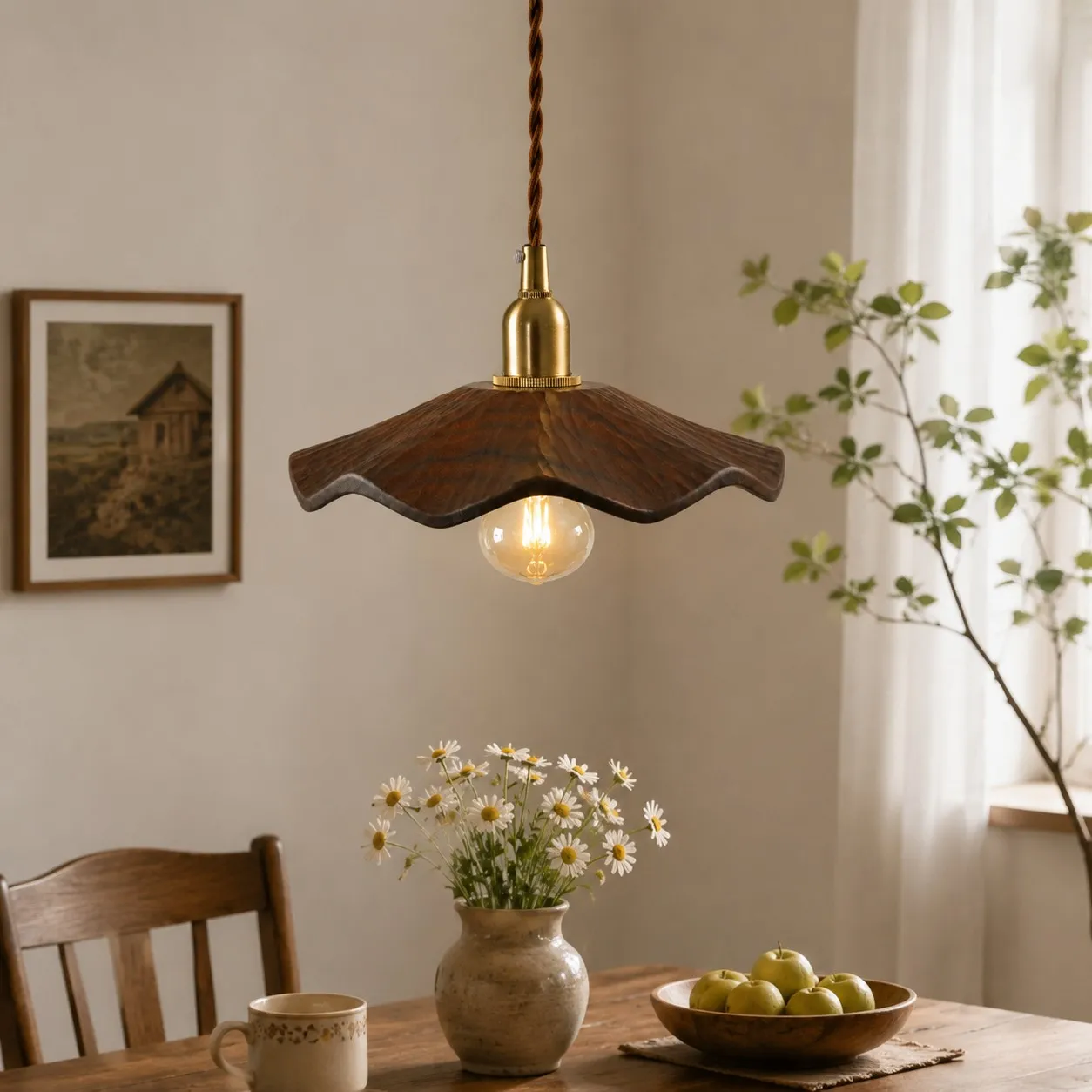 dark walnut lotus pendant light in dining room