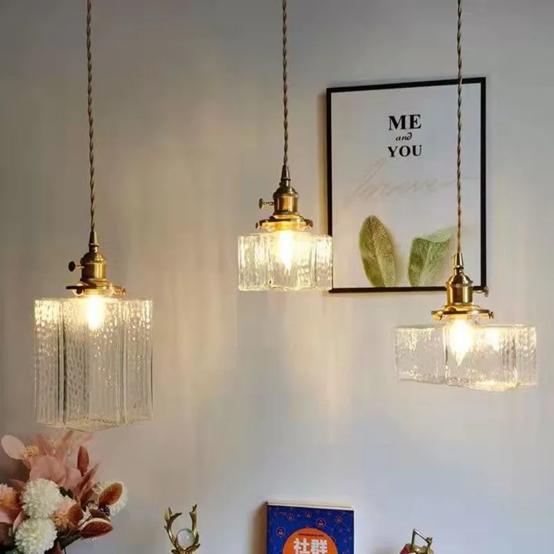 Traditional Vintage Square Rectangle Ripple Glass Iron 1-Light Pendant Light For Living Room T262