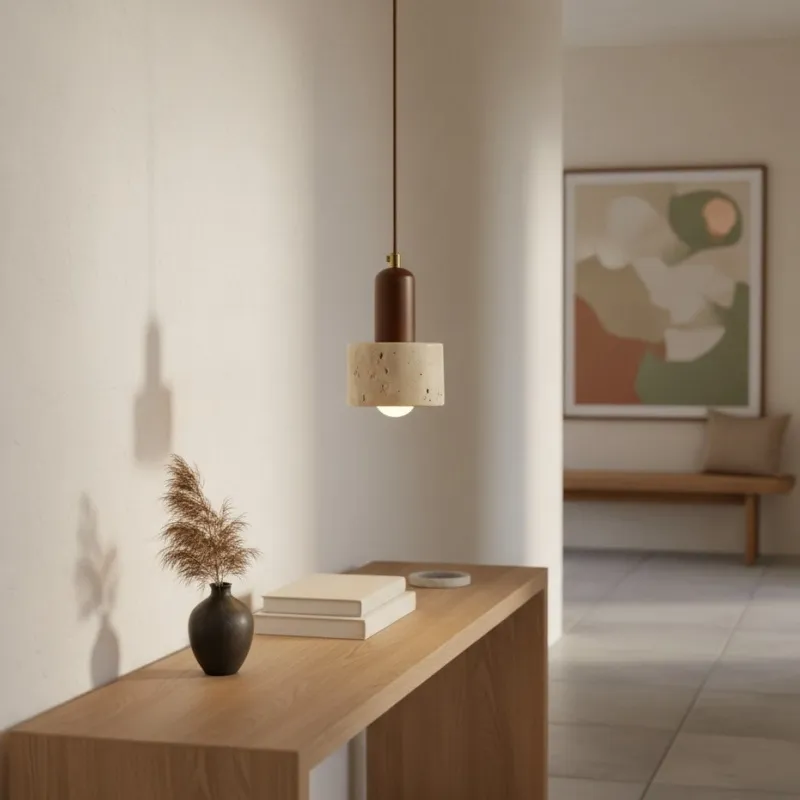 Rotating Travertine and Wood Pendant Light - Japandi Dining Room Glow T1100