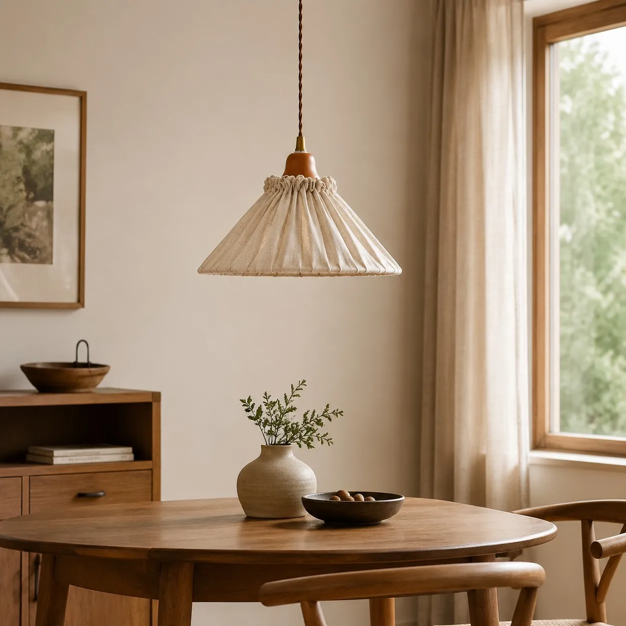 Pleated linen pendant light over a round wood dining table beside a bright window