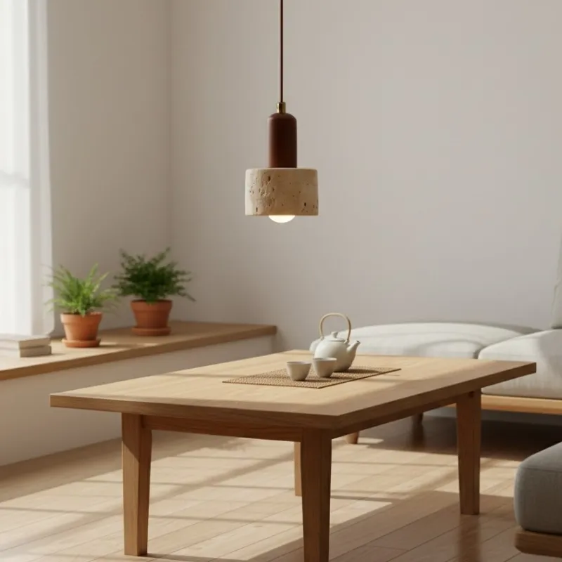 Rotating Travertine and Wood Pendant Light - Japandi Dining Room Glow T1100
