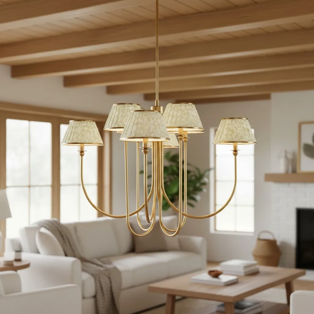 Ruchee Chandelier - Layered Fabric Shade Brass Ceiling Light for Dining or Living Spaces T710