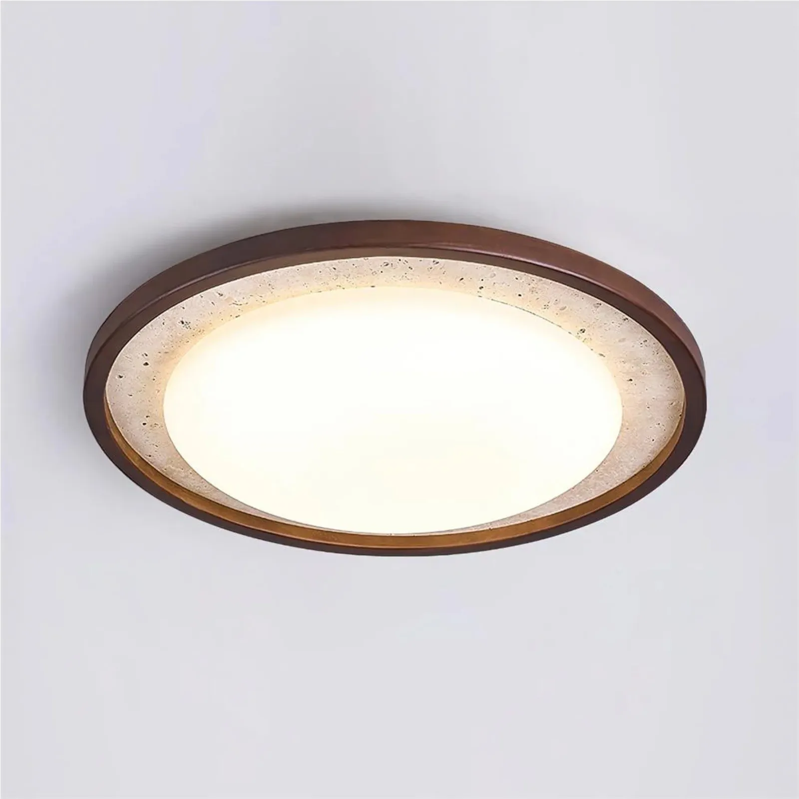 Modern Travertine Disk Flush Ceiling Light With Wood Trim S303