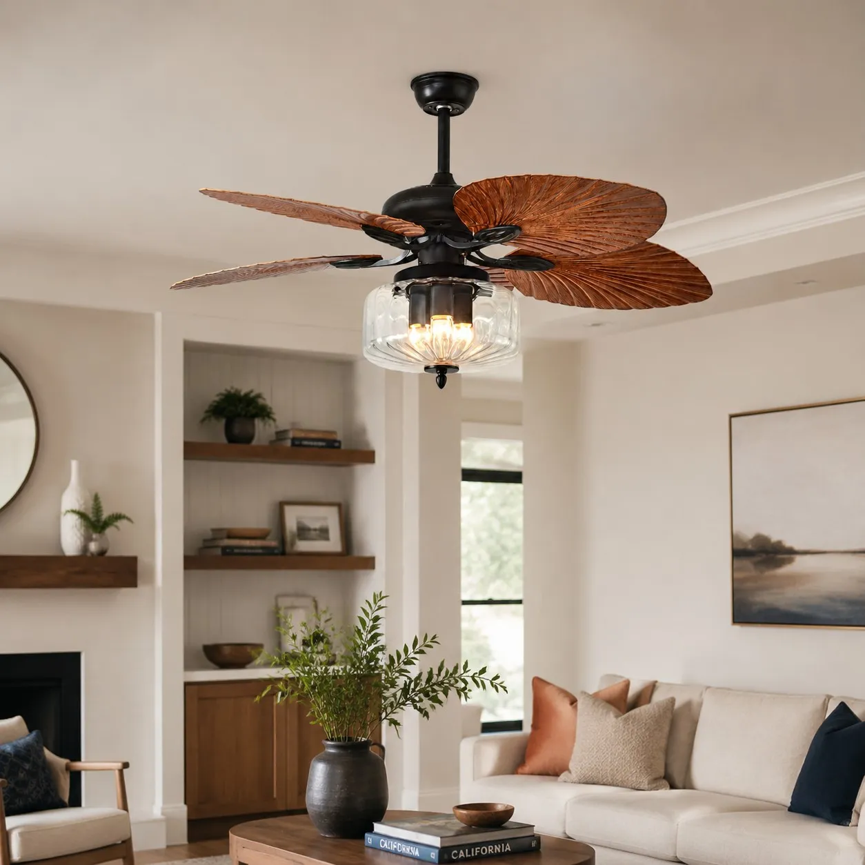 Konoha and Banana Leaf Wooden Ceiling Fan Light