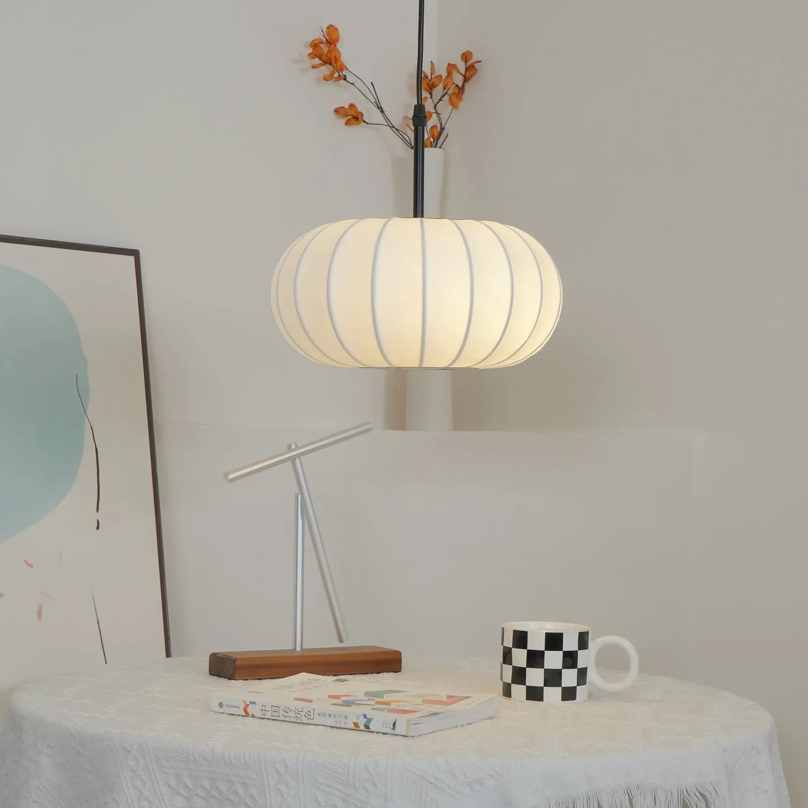 Simple Wabi-sabi White Lantern Fabric Pendant Lamp M06
