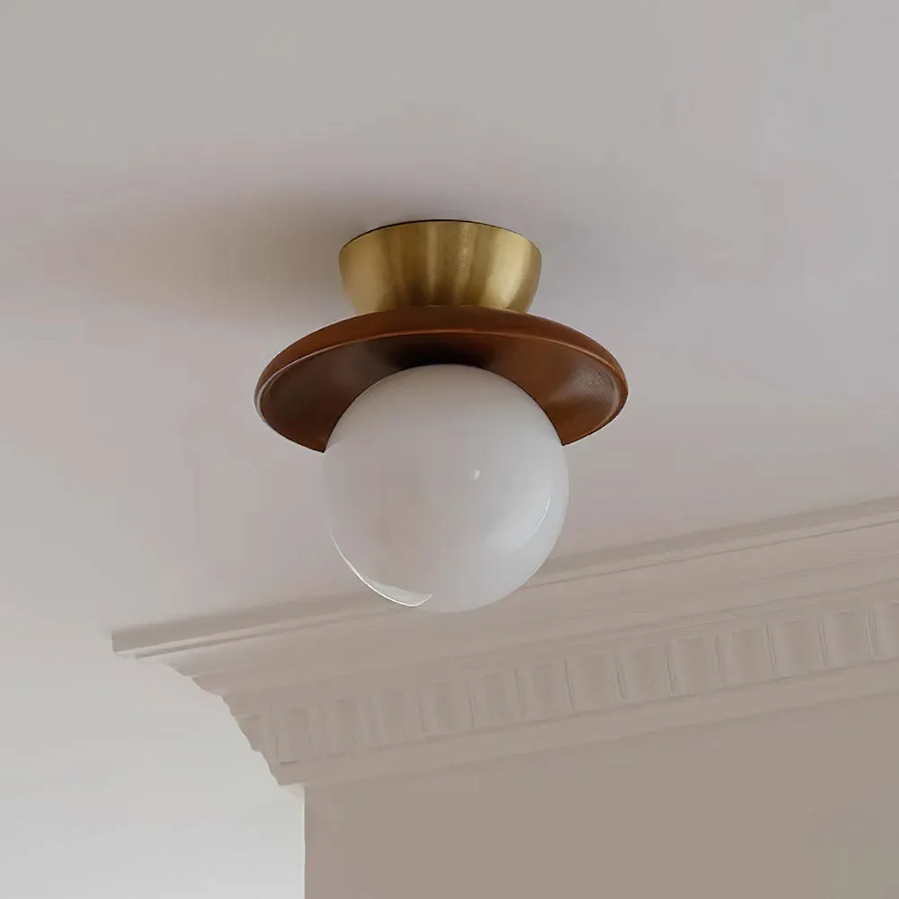 Wooden Bowl-shaped Body and White Glass Globe Lampshade Ceiling lamp P014
