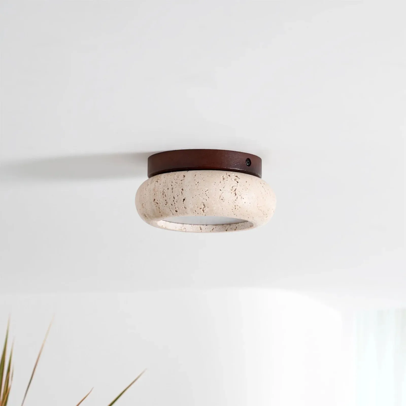 Minimal Bowl Ceiling Fixture in Stone Look - Wood Tone Base Light S299