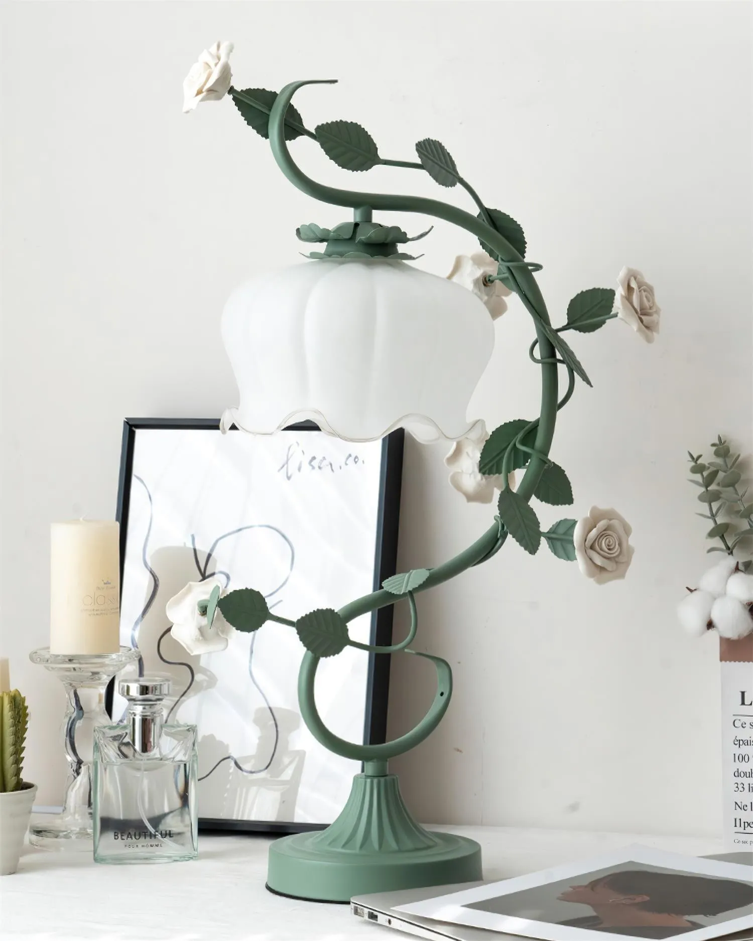 Green Pink White Rose Flower Table Lamp M107