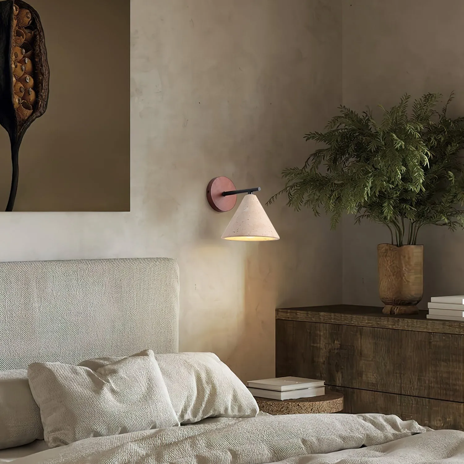 Textured Travertine Cone Wall Light - Minimalist Bedroom Sconce M56
