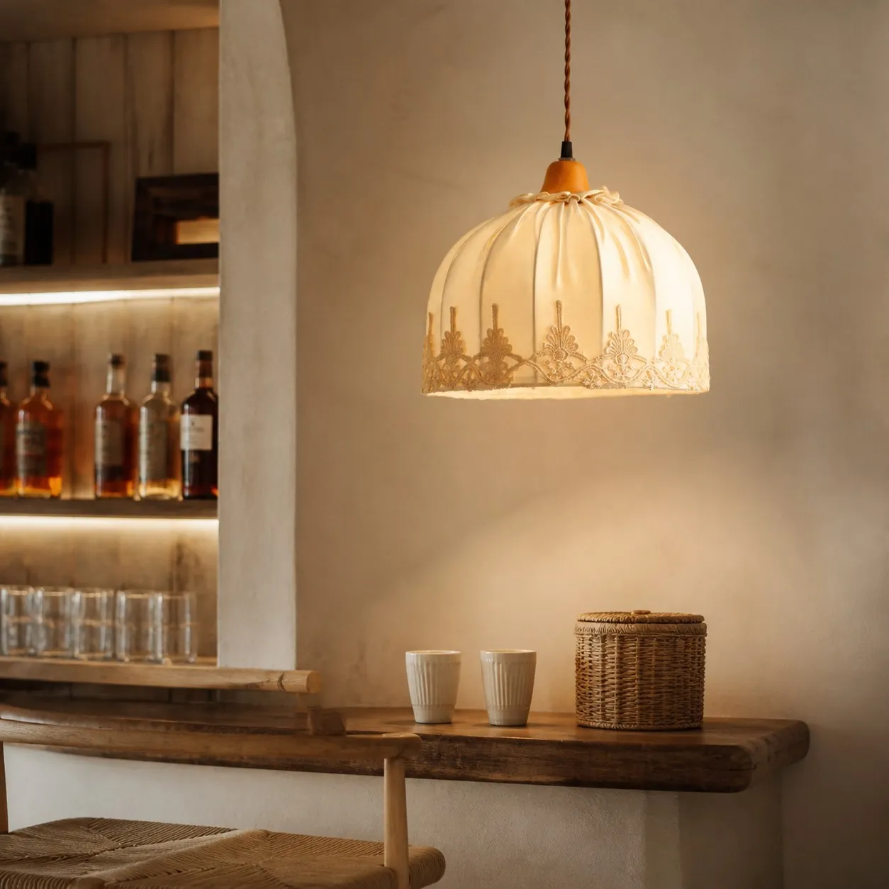 Vintage lace fabric pendant light in a cafe bar setting
