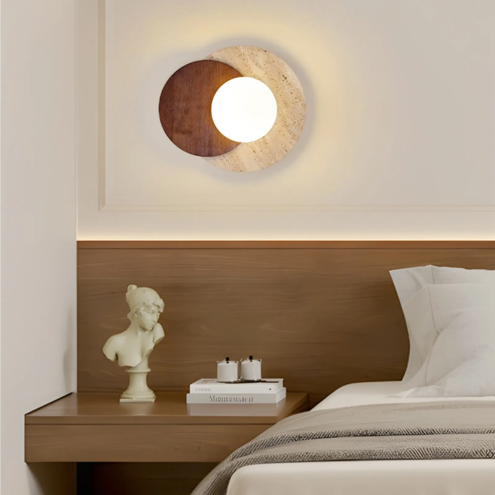 Contemporary Disc Travertine And Wood Dual Tone Wall Sconce S322