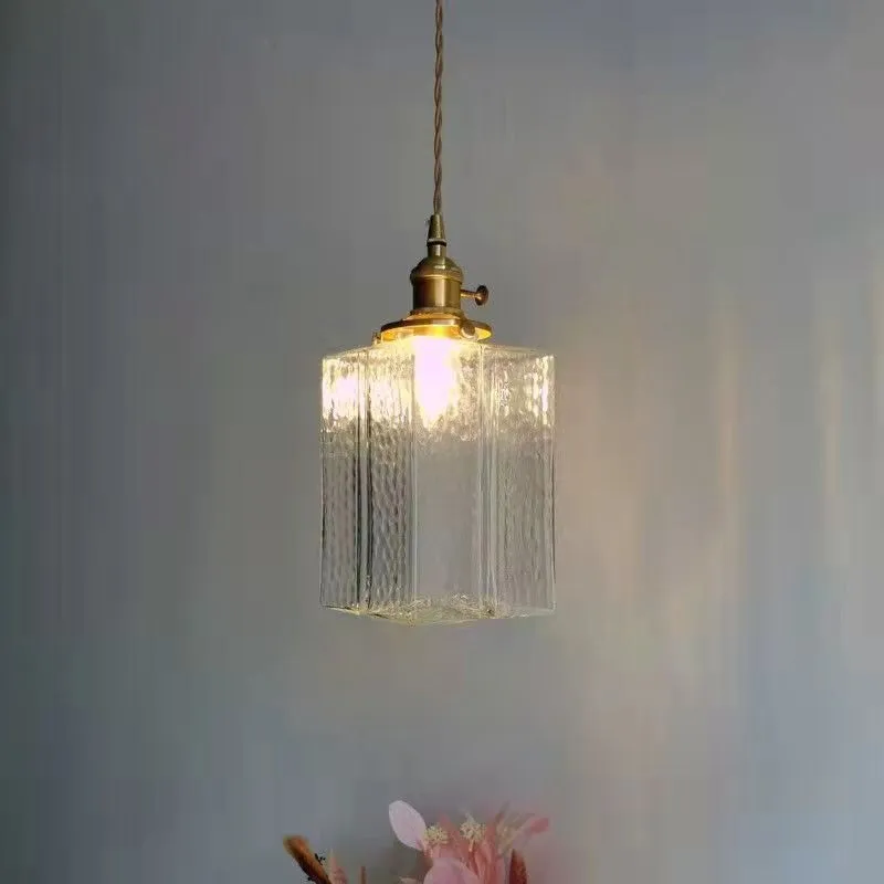 Traditional Vintage Square Rectangle Ripple Glass Iron 1-Light Pendant Light For Living Room T262