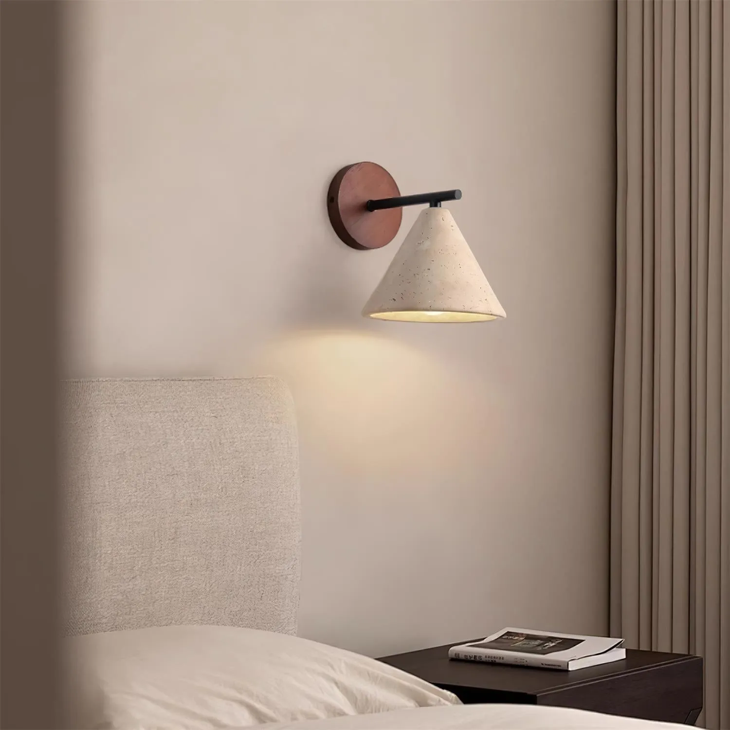Textured Travertine Cone Wall Light - Minimalist Bedroom Sconce M56
