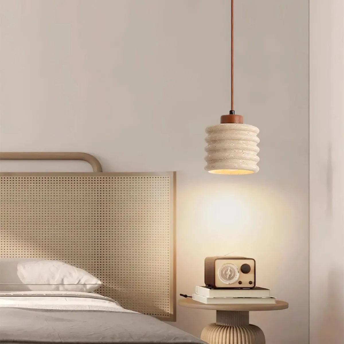 Textured Travertine Hanging Light - Minimalist Bedroom Pendant S265